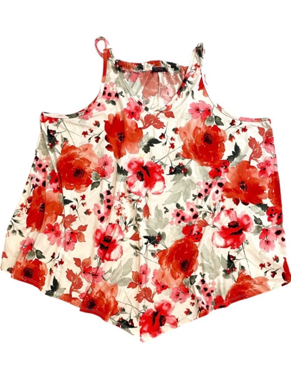 Floral Cold-Shoulder Tank Top in Red & Cream